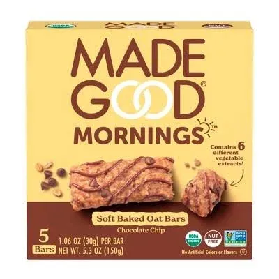 MadeGood Morning Chocolate Chip Bars, 5ct/5.3oz, Organic Snacks