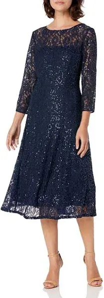 SLNY Womens Navy Blue Sequined Lace Evening Dress 3/4 Sleeve Back Zipper Size 12