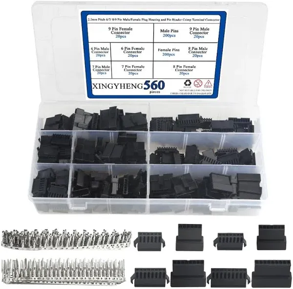 XINGYHENG 560Pcs 2.5mm Pitch 6/7/ 8/9 Pin Male/Female Plug Housing and Male/Female Pin Header Crimp Terminal Connector Assortment Kit (4 Size, 80 Set, Each 20 Set) Compatible with JST SM