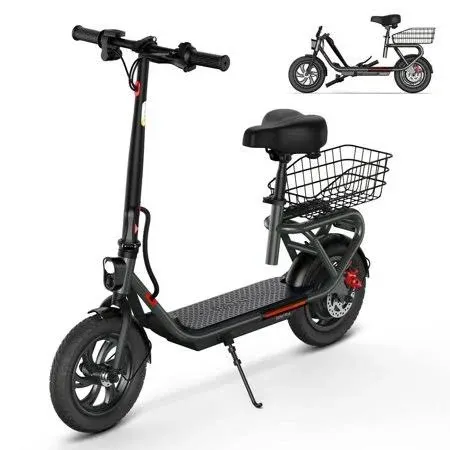 SISIGAD Electric Scooter for Adults with Seat, 7.8AH 20Miles Long Range&19MPH Power by Peak 600W Motor 12" Pneumatic Tire&Height Adjustable Seat, Foldable Commuter Scooter with Basket