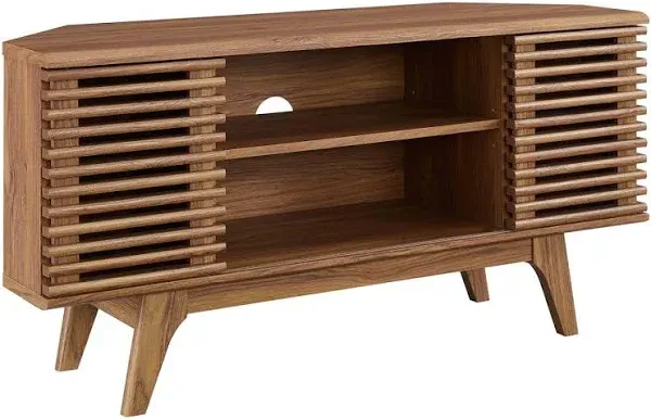 Modway Render Mid-Century Modern Low Profile Corner Media TV Stand in Wal, 15 x 46 x 23