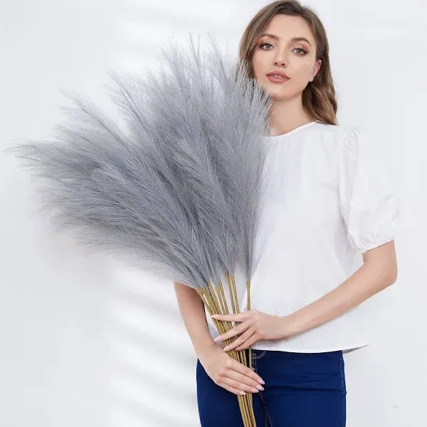 Faux Pampas Grass, Set of 9 Stems 37'' Tall Fluffy Fake Pompas Floral, Large Artificial Pompous Branches for Floor Vase Fillers, Pompas Decorativas, Boho Farmhouse Wedding Home Decor(Grey)