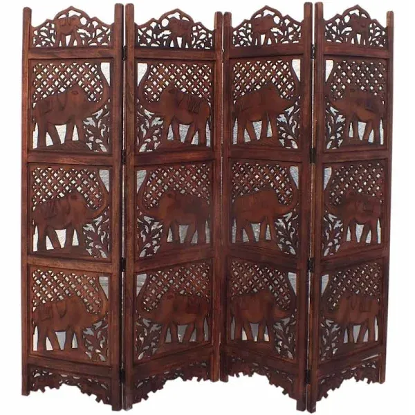 Benjara 1" 4-Panel Contemporary Wood Elephant Foldable Room Divider