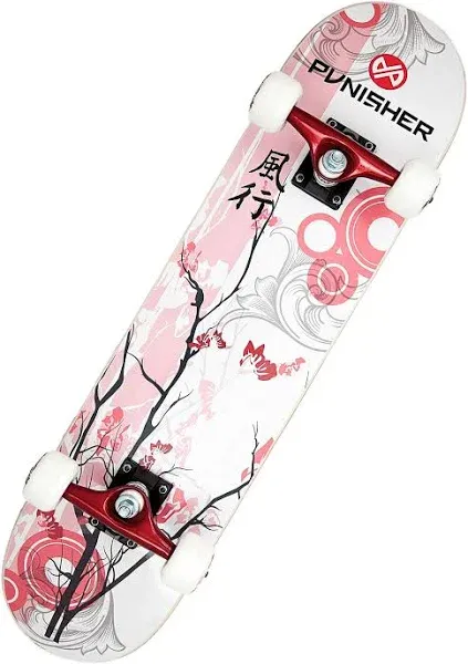 Bike USA Punisher Skateboards Cherry Blossom Complete Skateboard - White/Pink - 31-Inch