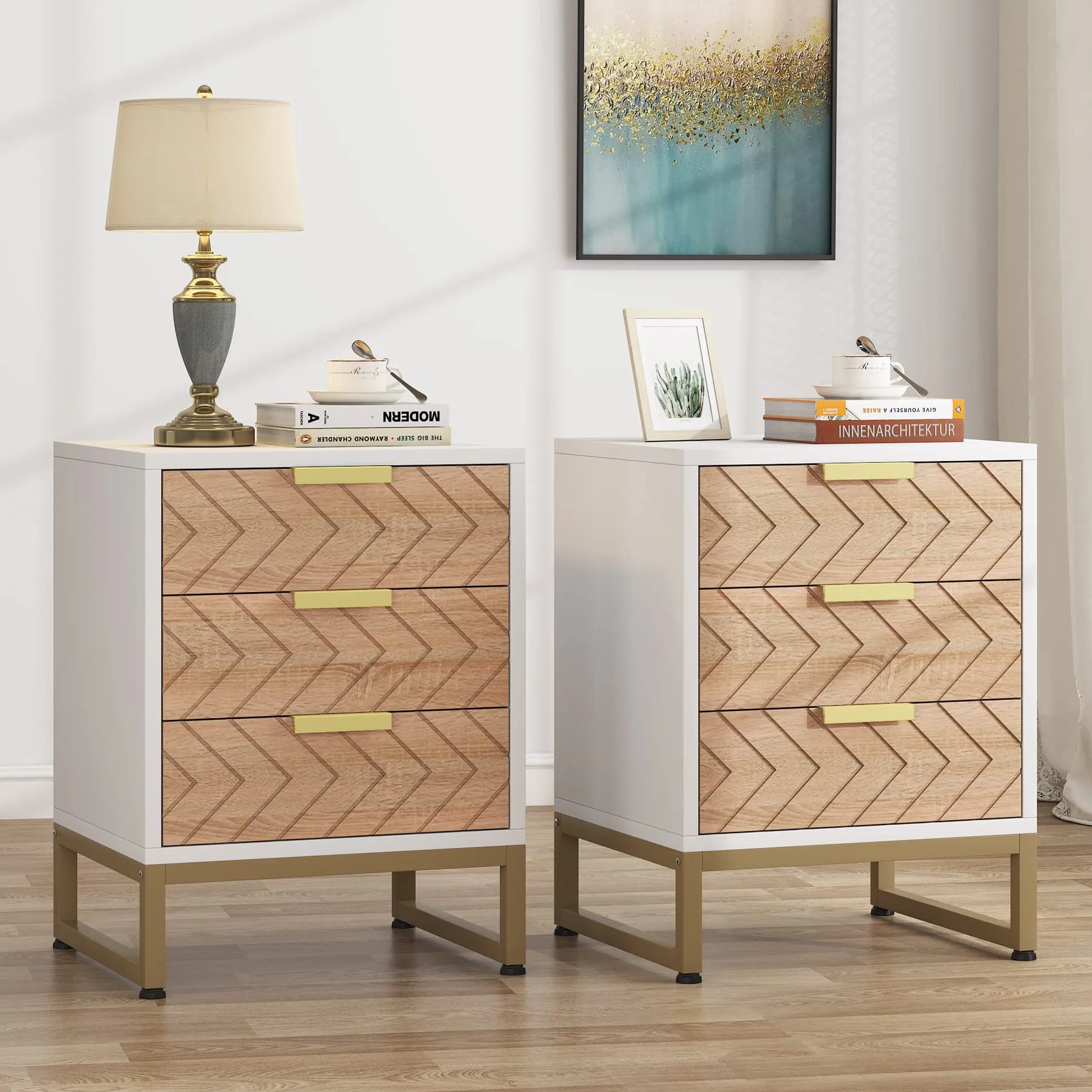 Tribesigns Set of 2 White Gold Nightstand