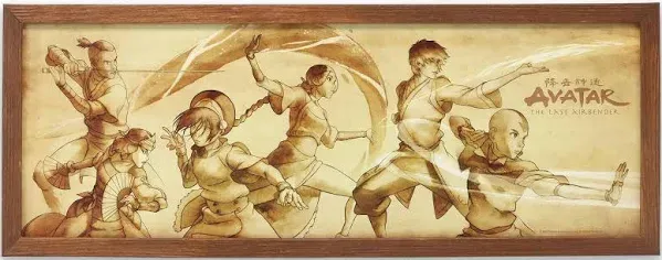 Avatar: The Last Airbender Action Scene Sepia Framed Wood Wall Decor - Vintage Avatar Picture for Kids' Bedroom or Play Room