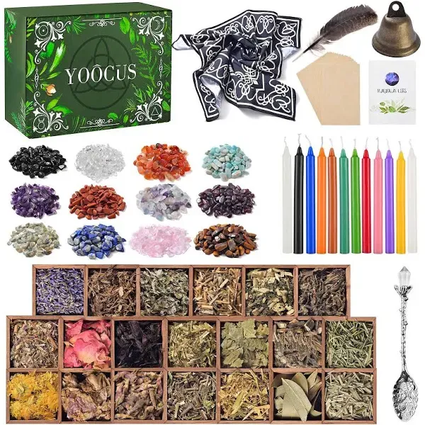 Witchcraft Supplies Kit for Wiccan Spells 69 Packs of Dried Herbs Healing Crystals and Colored Magic Spiritual Candles Parchments for Beginners Experienced Witches Pagan Spell Witchy Gifts Altar