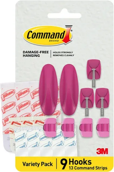 Command Mixed Hooks Pack, 9 Lavender Hooks, 13 Strips (2 Medium Designer Hooks, 4 Medium Indoor Strips; 3 Small Wire Hooks, 4 Small Indoor Strips; 4 Clear Round Cord Clips, 5 Small Clear Strips)