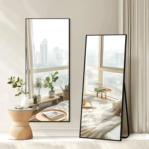 Full Length Mirror with Stand - 56" x 19" Aluminum Alloy Frame Full Body Mirror, Standing Hanging or Leaning Wall Floor Mirror for Bedroom Living Room Dressing Room, Black