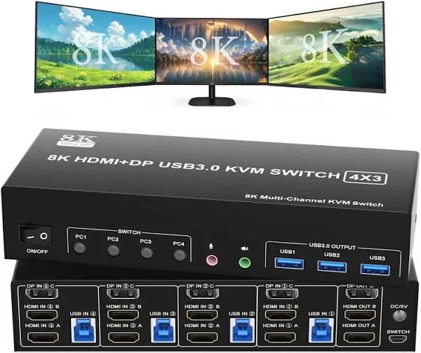 KVM Switch 3 Monitors 4 Computers 8K@60Hz 4K@144Hz, 2 HDMI+1 Displayport KVM Switch Triple Monitor for 4 Computer Share 3 Monitor and 3 USB3.0 Port Keyboard Mouse, Support Extended and Copy Mode