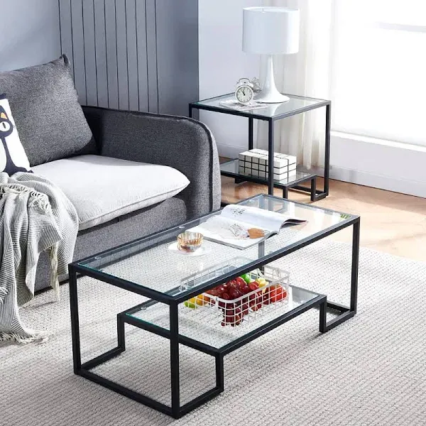 Btrpily Black Metal Glass Coffee Table Simple Center Coffee Table for Living Room Home