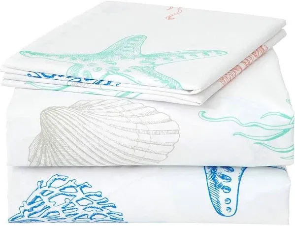 Beach Theme Kids Printed Sheet Set Twin, 3 Piece Starfish Jellyfish Coastal S...