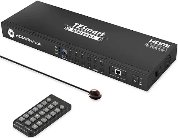 TESmart 16 Port HDMI Switch 4K UHD 3840x2160@60Hz HDMI Switcher Box with RS232 LAN Port Support HDCP 2.2, US Plug / 4K60Hz (HSW1601A1U)