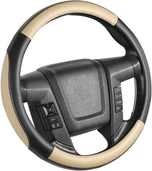 SEG Direct Car Steering Wheel Cover Large-Size for F150 F250 F350 Ram 4Runner Tacoma Tundra Range Rover Model S X with 15 1/2 inches-16 inches Outer Diameter, Beige Microfiber Leather