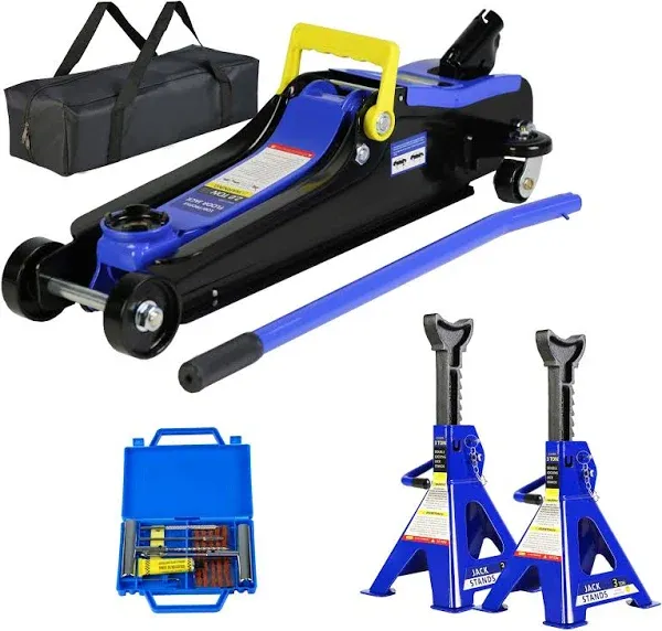 4 Piece Car Truck Floor Jack Service with Jack Stands Tire Repair Kit for Garages, Automotive,Repair Shops and DIY, Portable, 2 Ton 4,000 lbs, Lifting Range 3.3" - 15.2", Heavy Duty Steel, Blue