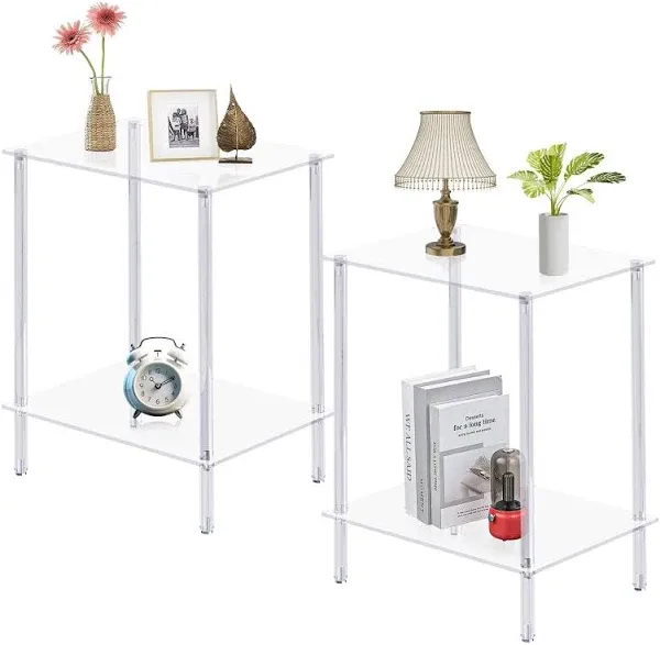 IRCPEN Acrylic Glass Side Tables with 2 Shelve End Table Set of 2