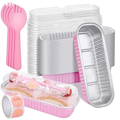 Ylnurac 100Pack Pink Aluminum Foil Mini Loaf Pans with Lids, 6.8 Oz Rectangle Ba