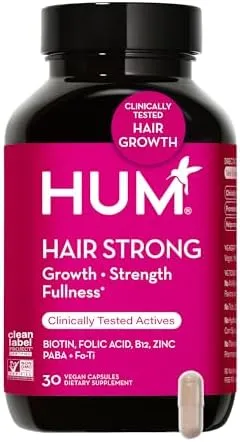 HUM Hair Strong - Daily Capsules with Biotin to Improve Hair Growth - Fo-Ti, Folic Acid, Zinc, Vitamin B12 & PABA to Support Healthy Hair, Skin and Nails for Women and Men (30-Day Supply)