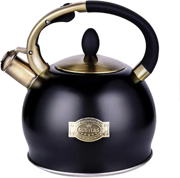 SUSTEAS 2.64 Quart Stove Top Whistling Surgical Stainless Steel Tea Kettle BLACK