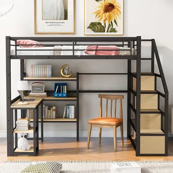 Bellemave Loft Bed with Desk Metal Loft Bed with Bookcase, Storage Staircase and Shelves