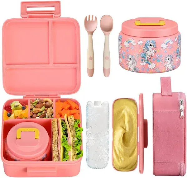 Bento Lunch Box for Kids With 8oz Soup A-Pink(Fantasy Unicorn) 