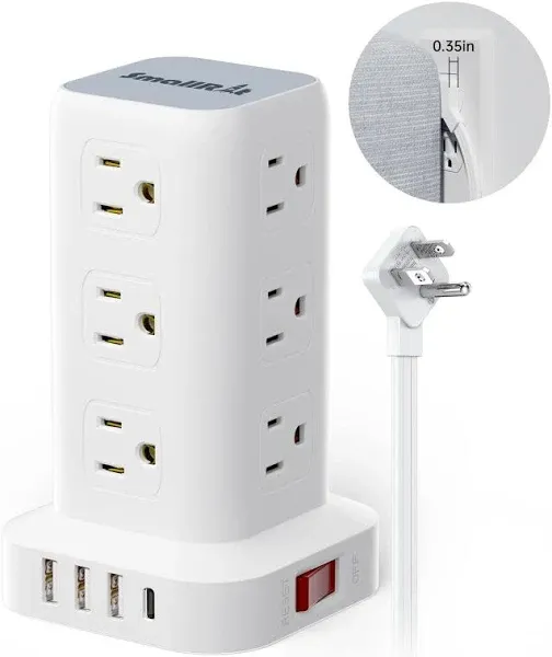 10 ft. Flat Plug Heavy-Duty Extension Cord, Surge Protector Power Strip Tower 12 Outlets with 4 USB Ports (1-usb C)