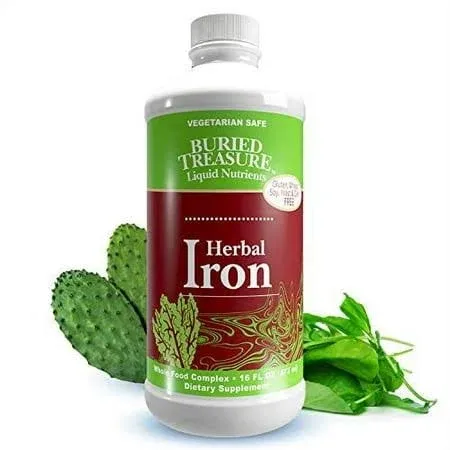 Buried Treasure Herbal Iron - 48 Servings, Liquid Iron and Herbal Supplement, Vitamin C & B Complex Vitamins, Iron-rich Greens, Vegan Iron for Men and Women