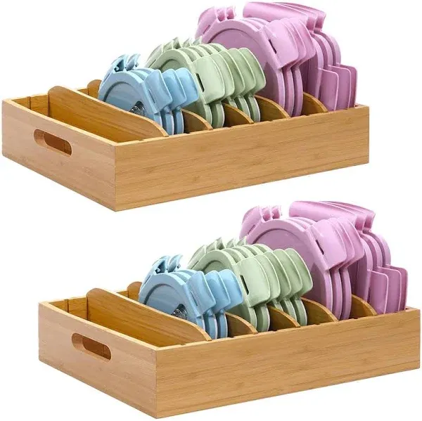 2 Pack Bamboo Lid Holder Food Container, Kitchen Organizer with 5 Adjustable Dividers, Cabinet Organizer for Food, Kitchen Gadget, Container Lids