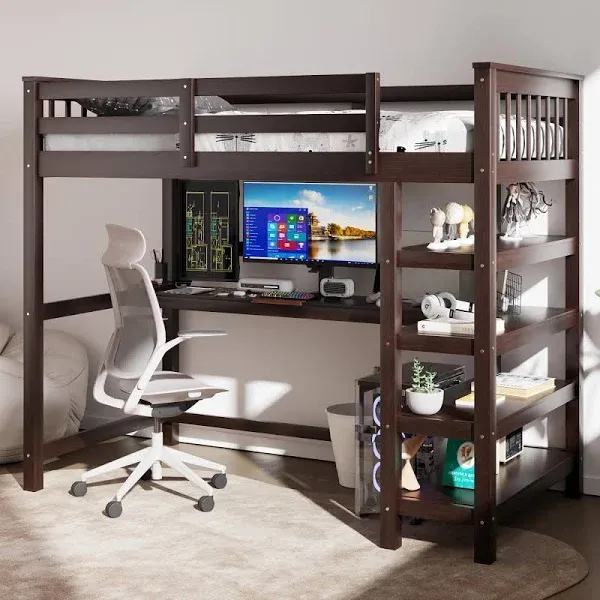 Merax Loft Bed with Storage Shelves and Under-Bed Desk