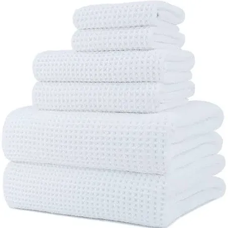 POLYTE Oversize 60 x 30 in. Quick Dry Lint Free Microfiber Bath Towel Set 6 Piece (White Waffle Weave)