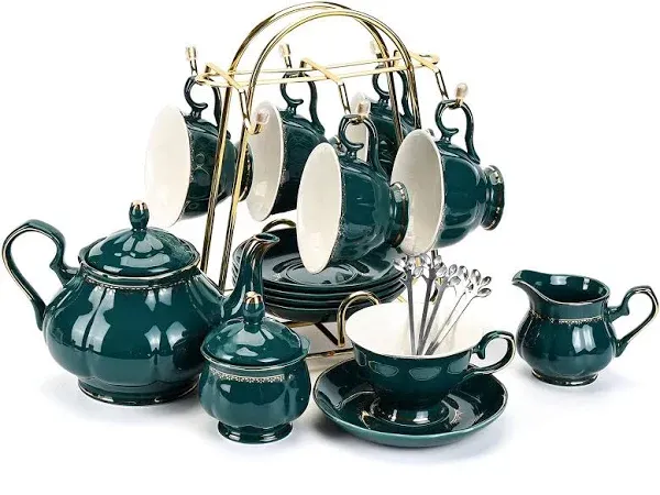 CHENP.HMC Tea Set 22-Piece Porcelain Ceramic Coffee Tea Sets Cups Saucer Service for 6 Teapot Sugar Bowl Creamer Pitcher and Teaspoons Porcelain Tea Set(Dark Green)