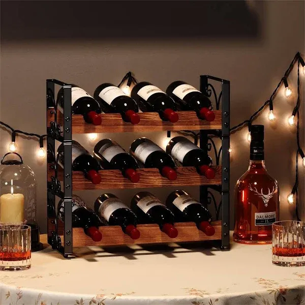 X-cosrack Rustic 3 Tier Stackable Wine Rack Freestanding 12 Bottles Organizer Holder Stand Countertop Liquor Storage Shelf Solid Wood & Iron 17" L x