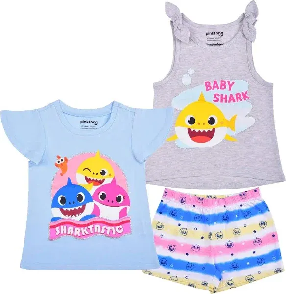 Baby Girl's Shark, Daddy Shark and Mommy Shark 3 Piece 2 Short Sleeve Tee and Short Set