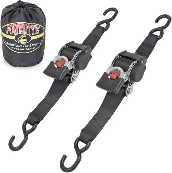 PowerTye 2in x 10ft Retractable Heavy-Duty Ratchet Tie-Downs, S-Hooks with Included Storage Bag - 800 lb Working Load Limit / 2,400 lb Breaking Strength - Black (Pair)