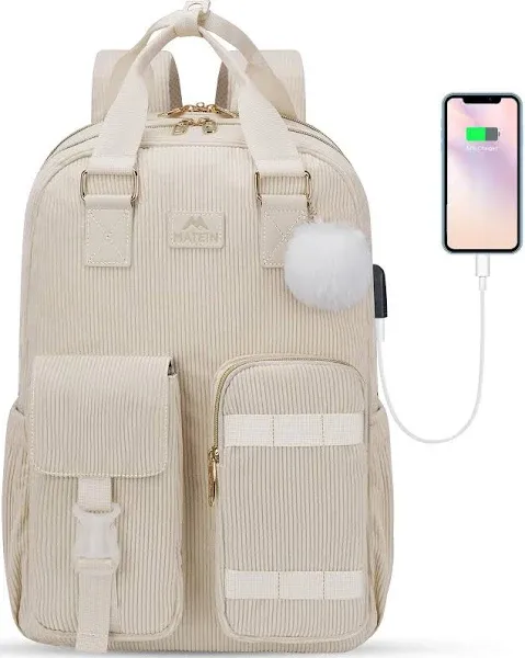 MATEIN School Backpack for Girls, 15.6 Inch Cute College Backpack Corduroy Computer Bookbag with USB Charging Port, TSA Lightweight Kawaii Travel Laptop Backpack Aesthetic for Teens Students, Beige