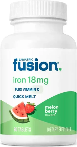 Bariatric Fusion Iron Supplement for Women Quick Melt | Sugar Free Dissolvable Chewable Iron Tablets | Ferrous Fumarate 18 mg Iron with Vitamin C | Melon Berry | Gluten, Dairy and Soy Free | 90 Count