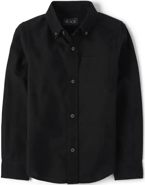 Childrens Place Boys Button Down Shirt Sz L (10-12) Black Long Sleeve Cotton NWT