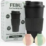 Febu Plant-Based Reusable Coffee Cup with Lid and Sleeve | 16oz, Moon Black | Portable Travel Mug Made from Bamboo | Dishwasher Safe, Compostable,