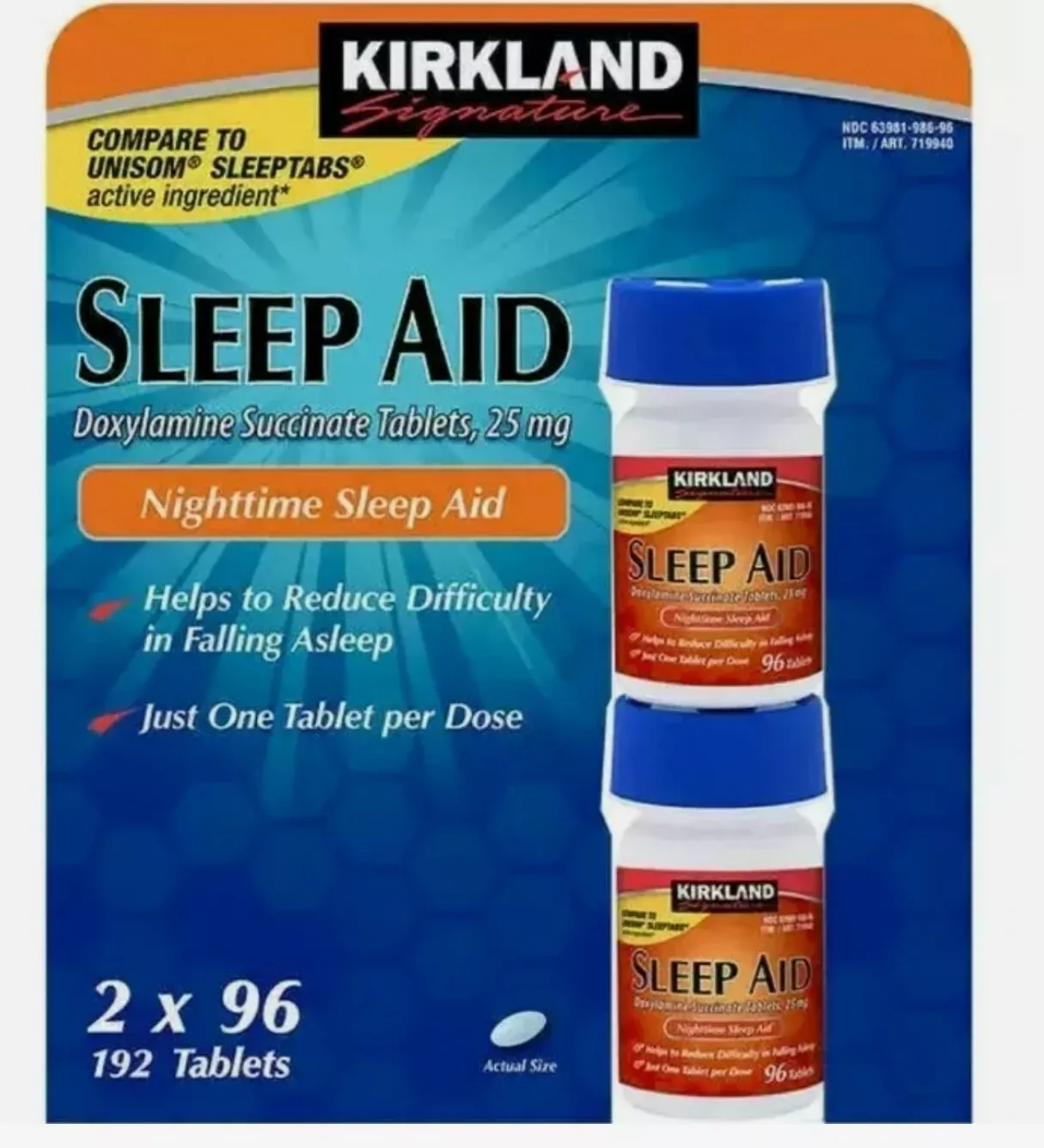 Sleep Aid Doxylamine Succinate 25 Mg - 96 Tablets Kirkland Signature 