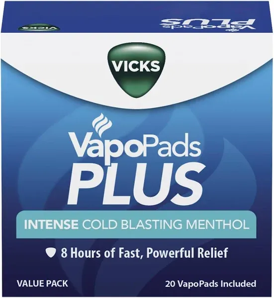 Vicks VapoPads Plus with Intense Cold Blasting Menthol Value Pack, Vapor Pads for Vicks Humidifiers, Vaporizers and Steam Inhaler, 20 Count, White, VSP29