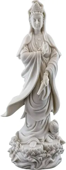 Top Collection Quan Yin Statue on Lotus Pedestal - Kwan Yin Goddess of Mercy and Compassion Sculpture in White Marble Finish- 12.5-Inch Buddhist Figurine