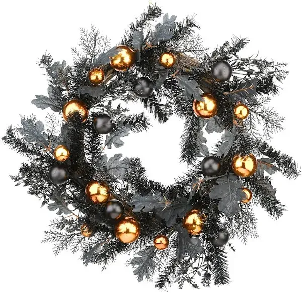 National Tree Company Halloween Artificial Wreath, Black, Decorated with Black and Orange Ball Ornaments, Leaves, 24 Inches