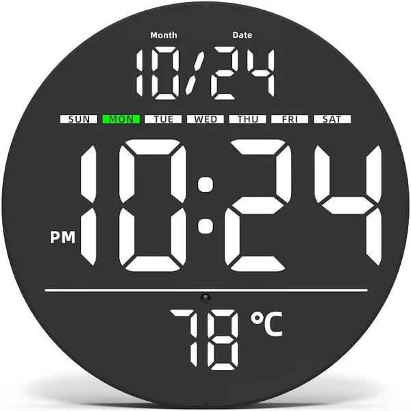 Digital Wall Clock with Large LED Display, Auto-Brightness, Temperature, Low-Reflectivity, Small Silent Non-Ticking Modern Electric Wall Clock for Bedroom, Living Room, Office, Classroom, Farmhouse