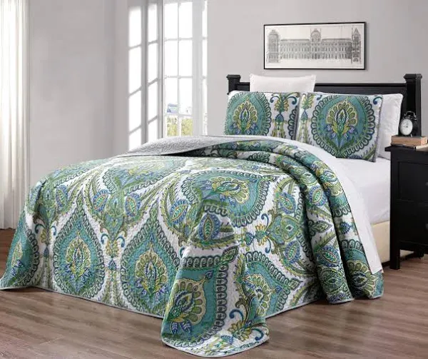 Grand Linen - 3-Piece Oversize (100 X 95) Fine Printed Prewashed Boho Decor Quilt Set Reversible Bedspread Coverlet Full/Queen Size Bed Cover (Turquoise Blue, Sage Green, Orange, Terra Cotta Red)