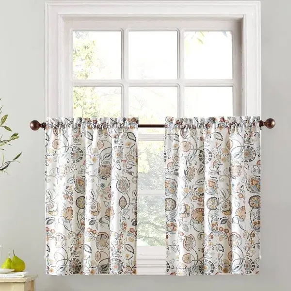 No. 918 Signy Jacobean Pattern Light Filtering Rod Pocket Kitchen Curtain Tier Pair - 54" x 36" - White