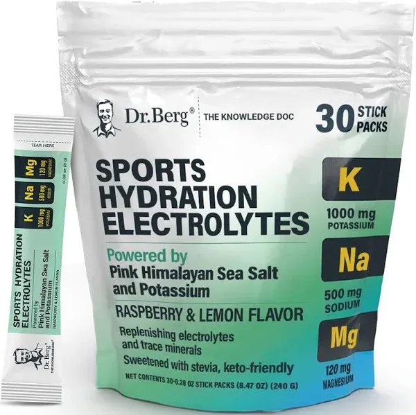 Dr. Berg Sports Hydration Electrolytes Powder w/More Salt (Pink Himalayan) - 30 Keto Electrolytes Powder Packets w/a Delicious Salty Raspberry & Lemon Flavor - Includes 1,000mg of Potassium