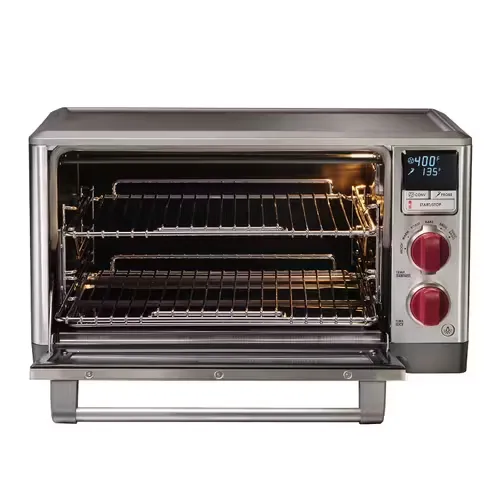 Wolf Gourmet Elite Digital Countertop Convection Toaster Oven with Temperature Probe, Stainless Steel and Red Knobs