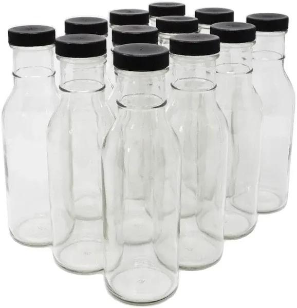 nicebottles - Clear Glass Woozy Bottles, 12 Oz (375ml) - Case of 12 Lovely Bottles Packed in Sturdy Box with 15 Black Screw Caps (Yes, That's 3 Extra Caps!)