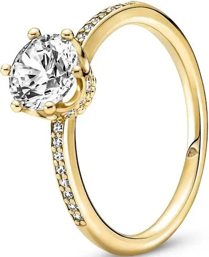 PANDORA Clear Sparkling Crown Solitaire Ring - Gold Ring for Women - Gift for Her - 14k Gold-Plated Shine with Cubic Zirconia - Size 4.5, No Gift Box