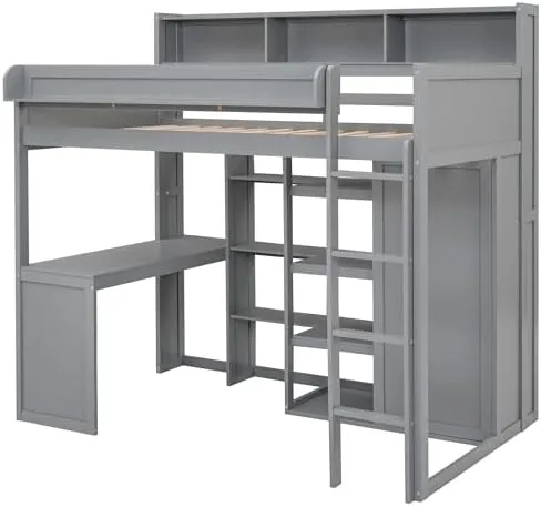 Twin Loft Bed with Desk, Wooden Loft Bed with Wardrobe, Loft Bed with Storage Shelves, Space Saving Loft Bed for Kid Teen, Grey